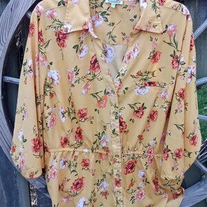 Mileage Yellow Top Shirt SZ 3X Floral 3/4 Roll Tab Sleeves Button Down Plus